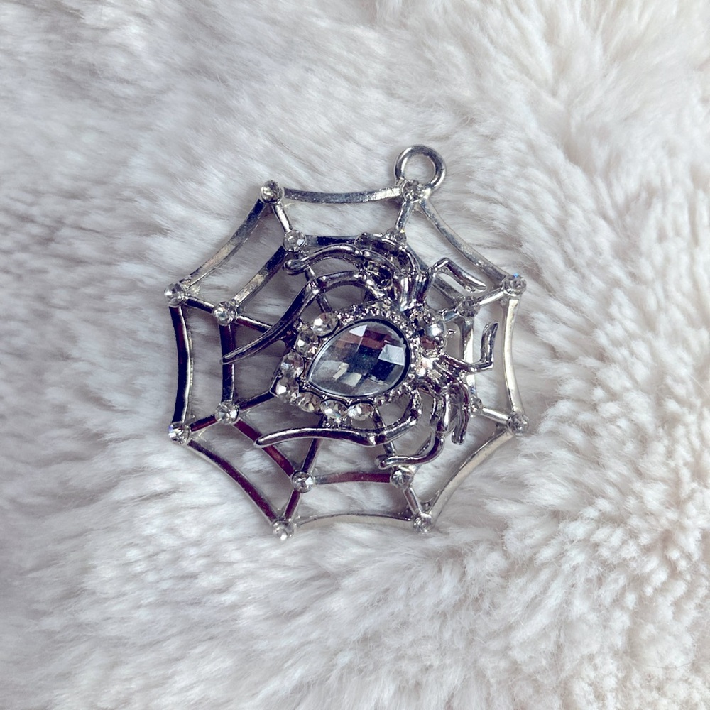 Silver gem rhinestone spider and spider web pendant